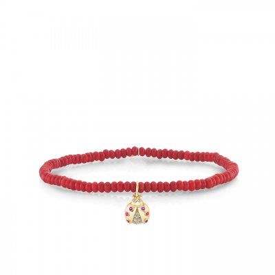 Gold & Diamond Small Ladybug on Red Bamboo Coral