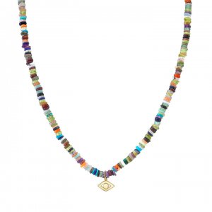 Men's Collection Pure Gold Evil Eye on Rainbow Heishi Necklace