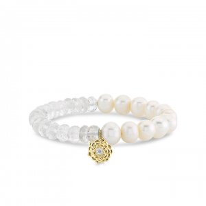 Gold & Diamond Camellia Flower on Pearl & Quartz