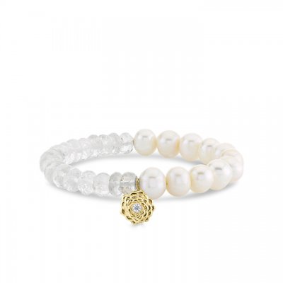 Gold & Diamond Camellia Flower on Pearl & Quartz