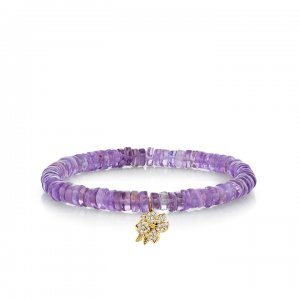 Gold & Diamond Magnolia on Amethyst Heishi