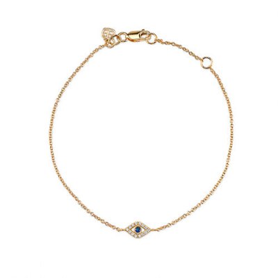 Gold & Diamond Small Bezel Evil Eye Bracelet with Blue Sapphire Center