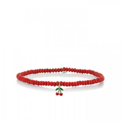 Gold & Enamel Tiny Cherry on Red Bamboo Coral