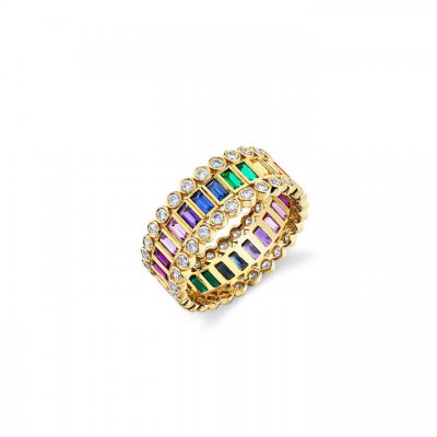 Gold & Rainbow Baguette & Round Bezel Stacked Eternity Ring