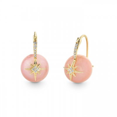 Gold & Diamond Starburst Pink Opal Earrings