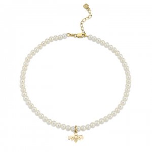 Pure Gold Tiny Bee Anklet on Fresh Water Pearls