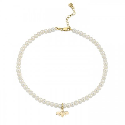 Pure Gold Tiny Bee Anklet on Fresh Water Pearls