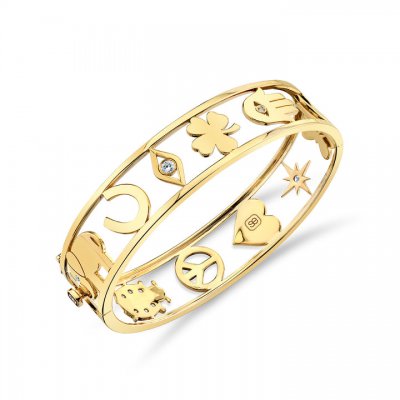 Gold & Diamond Large Open Icon Hinge Bangle