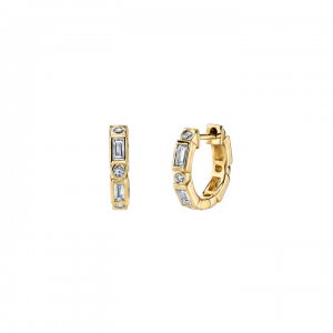 Gold & Diamond Baguette and Round Bezel Huggie Hoops