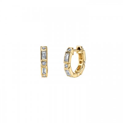 Gold & Diamond Baguette and Round Bezel Huggie Hoops