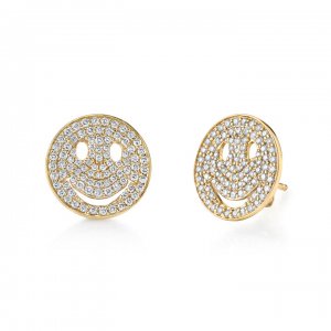 Gold & Diamond Large Happy Face Stud