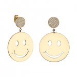 Gold Pure Large Happy Face Earrings with Pave Disc Tops