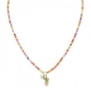 Gold & Diamond Cactus & Evil Eye Multi Color Zircon Necklace