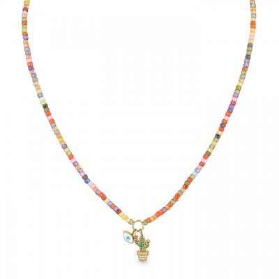 Gold & Diamond Cactus & Evil Eye Multi Color Zircon Necklace