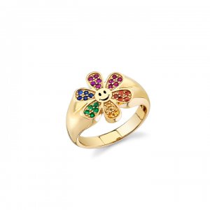 Gold & Rainbow Daisy Happy Face Signet Ring