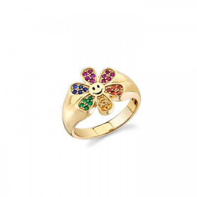 Gold & Rainbow Daisy Happy Face Signet Ring