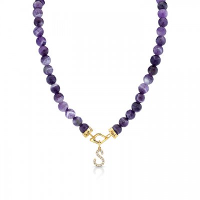 Gold & Diamond Large Initial Amethyst Necklace