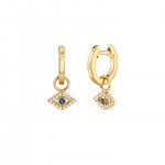 Gold Huggie Hoop and Bezel Sapphire Evil Eye Charm Earrings