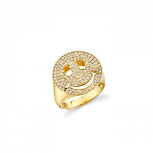 Gold & Diamond Large Happy Face Signet Ring