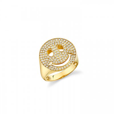 Gold & Diamond Large Happy Face Signet Ring