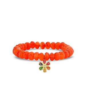 Gold & Rainbow Daisy Happy Face on Carnelian