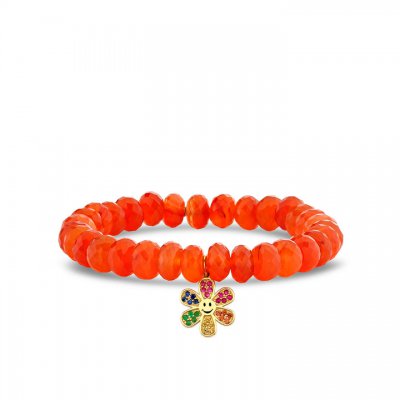 Gold & Rainbow Daisy Happy Face on Carnelian