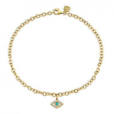 Gold & Diamond Bezel Evil Eye Anklet with Turquoise