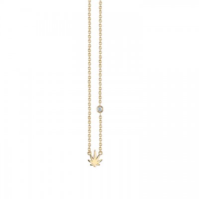 Gold Plated Sterling Silver Pot Leaf Necklace with Bezel Set Diamond