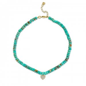 Gold & Diamond Heart on natural Turquoise Anklet