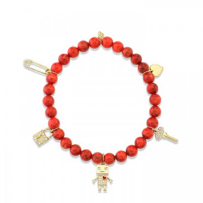 Gold & Diamond Love Lock Multi-Charm on Red Coral