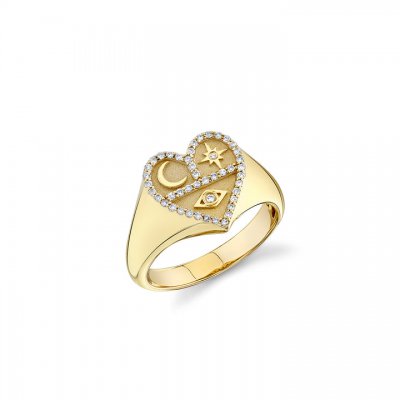 Gold & Diamond Small Heart Tricon Signet Ring