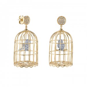 Gold & Diamond Large Albert Cage on Pave Disc Earrings