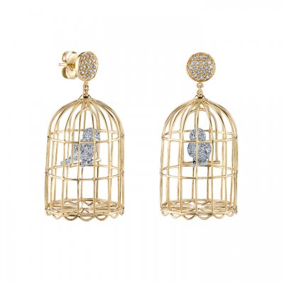 Gold & Diamond Large Albert Cage on Pave Disc Earrings