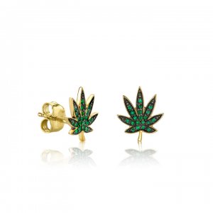 Gold & Emerald Small Pot Leaf Stud