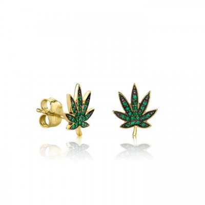 Gold & Emerald Small Pot Leaf Stud