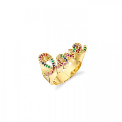 Gold & Rainbow Love Script Block Signet Ring