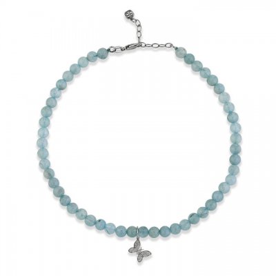 White Gold & Diamond Tiny Butterfly on Aquamarine Anklet