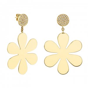 Gold Pure Large Daisy Drop Earrings with Pave Diamond Tops