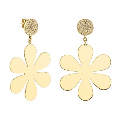 Gold Pure Large Daisy Drop Earrings with Pave Diamond Tops