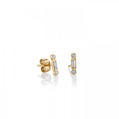 Gold & Diamond Baguette & Round Bezel Stud