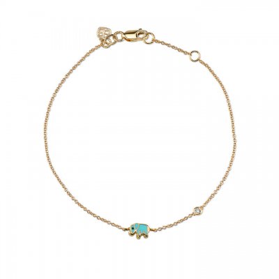 Gold & Turquoise Mini Enamel Elephant Bracelet with Bezel Set Diamond