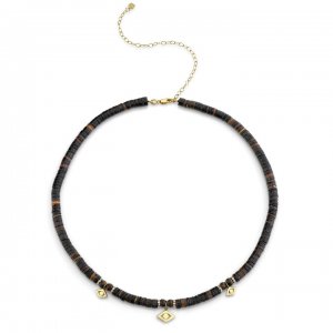 Gold Evil Eye Link & Multi Bezel Diamond Rondelle Beaded Necklace