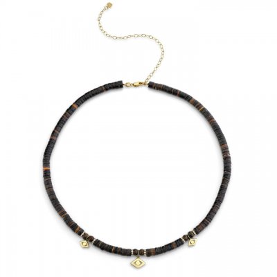 Gold Evil Eye Link & Multi Bezel Diamond Rondelle Beaded Necklace