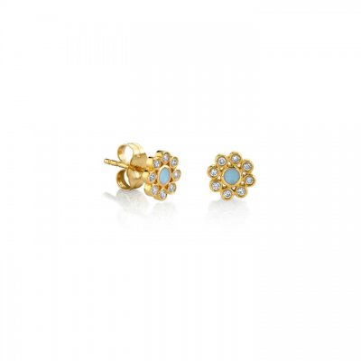 Gold & Bezel Diamond Enamel Flower Stud