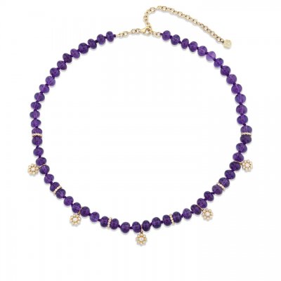 Gold & Diamond Multi Flowers & Rondelles Amethyst Necklace