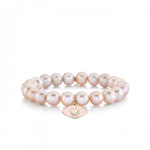 Gold & Pearl Enamel Sunburst Evil Eye on Natural Pink Pearls