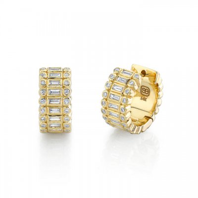 Gold & Diamond Stacked Baguette & Round Bezel Hoops