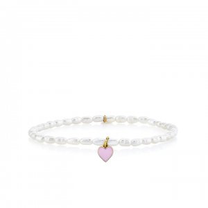 Little Loves Gold & Enamel Heart on White Rice Pearl