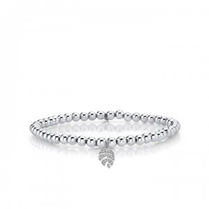 White Gold & Diamond Monstera Leaf on White Gold Beads