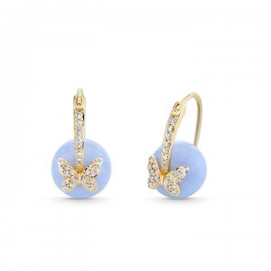 Gold & Diamond Butterfly Blue Lace Agate Earrings